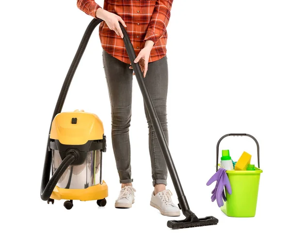 Young Man Vacuum Cleaner Supplies White Background — Stock Photo, Image