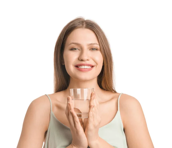 Hermosa Joven Con Vaso Agua Sobre Fondo Blanco —  Fotos de Stock