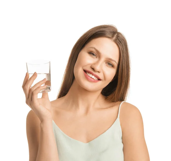 Beautiful Young Woman Glass Water White Background — Stock Photo, Image