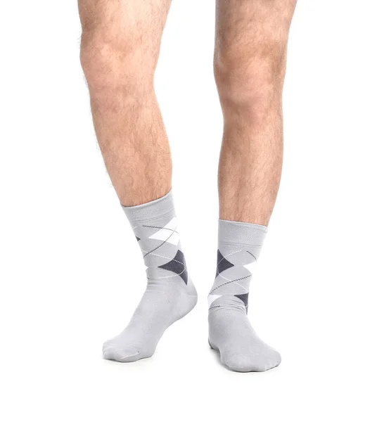 Mannelijke Benen Sokken Witte Achtergrond — Stockfoto