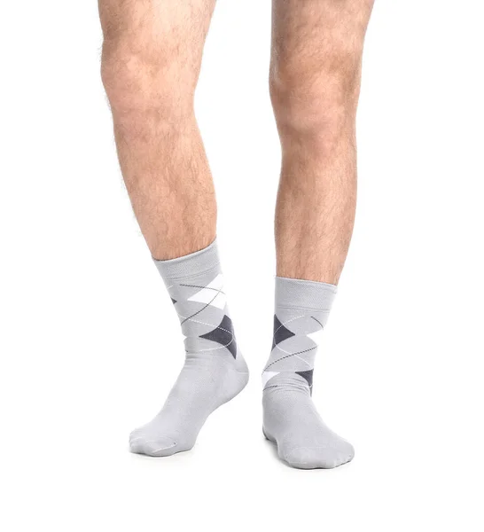 Jambes Masculines Chaussettes Sur Fond Blanc — Photo