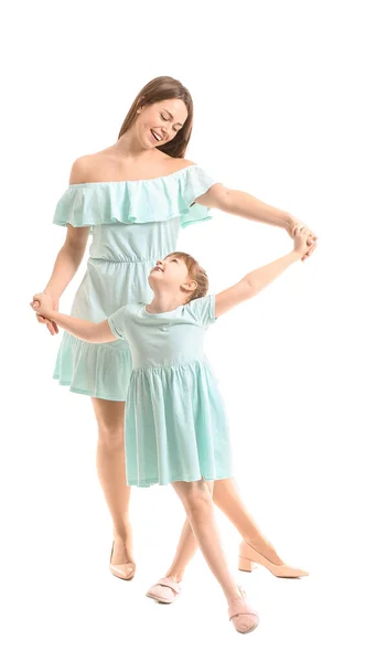 Happy Mother Her Little Daughter Dancing White Background Stock Photo