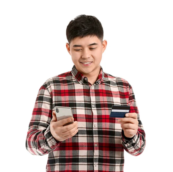Homem Asiático Com Cartão Crédito Telefone Celular Fundo Branco — Fotografia de Stock