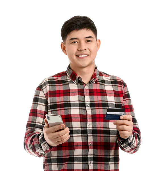 Homem Asiático Com Cartão Crédito Telefone Celular Fundo Branco — Fotografia de Stock