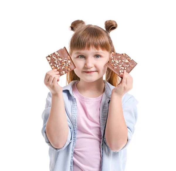 Linda Niña Con Chocolate Sobre Fondo Blanco — Foto de Stock