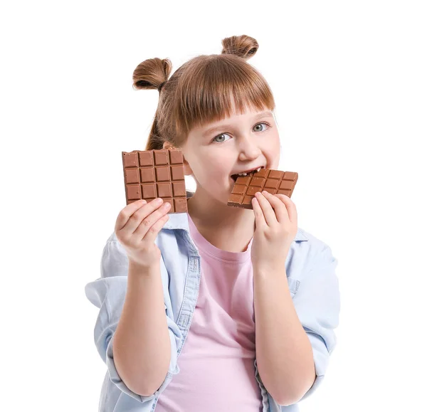 Cute Little Girl Chocolate White Background — Stock Photo, Image