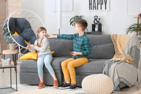 Cute Little Children Eating Chocolate Home — Stock Photo, Image