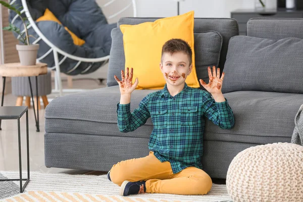 Cute Little Boy Chocolate Face Hands Home — Stock Photo, Image