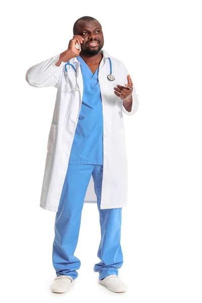 African American Doctor Talking Phone White Background — Stock Photo, Image