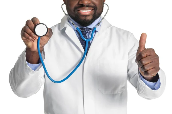 African American Doctor Showing Thumb White Background — Stock Photo, Image