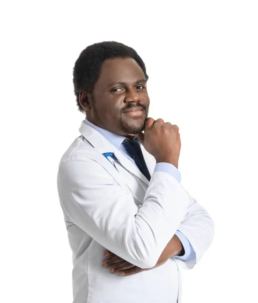 Férfi Afro Amerikai Orvos Fehér Alapon — Stock Fotó