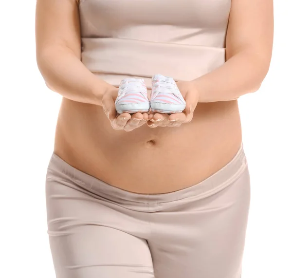 Beautiful Pregnant Woman Baby Booties White Background — Stock Photo, Image