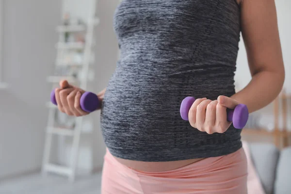 Beautiful Sporty Pregnant Woman Training Dumbbells Home Closeup — Stock Photo, Image