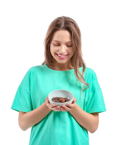 Hermosa Joven Con Caramelos Chocolate Sobre Fondo Blanco — Foto de Stock