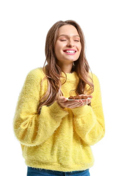 Mooie Jonge Vrouw Met Chocolade Snoepjes Witte Achtergrond — Stockfoto