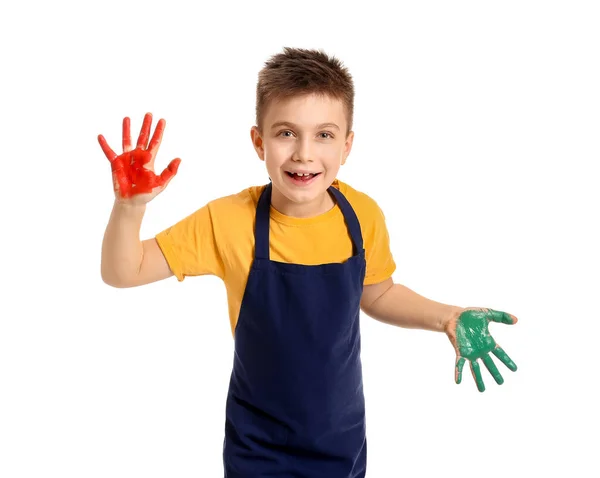 Cute Little Boy Hands Paint White Background — Stock Photo, Image