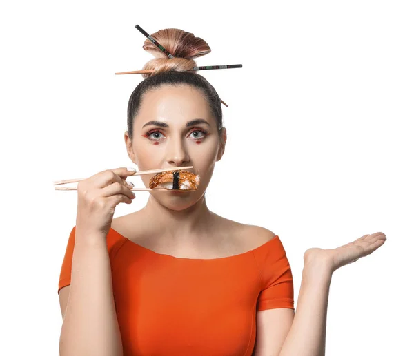 Beautiful Woman Tasty Sushi White Background — Stock Photo, Image