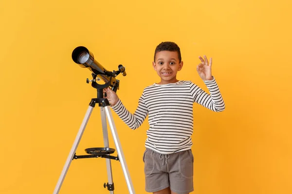 Little African American Boy Telescope Color Background — Stock Photo, Image