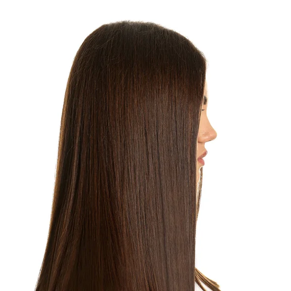 Mujer Joven Con Hermoso Cabello Liso Sobre Fondo Blanco —  Fotos de Stock