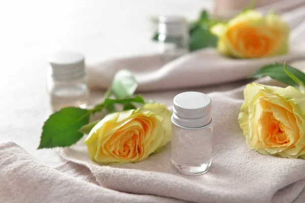 Bottle Rose Essential Oil Table — Stock Photo, Image