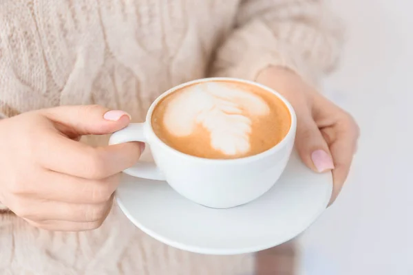 Woman Cup Tasty Cappuccino Outdoors Closeup — Stock Photo, Image