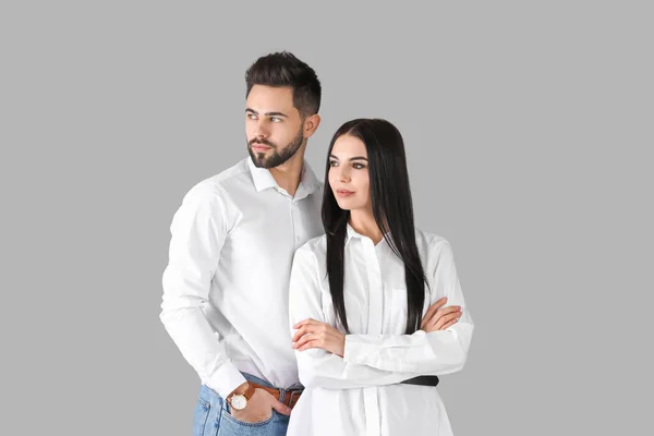 Young Couple Beautiful Healthy Hair Grey Background — Stock Photo, Image