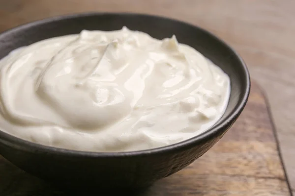 Bowl Tasty Sour Cream Wooden Table Closeup — Stock Photo, Image