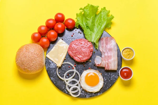 Ingredients Tasty Burger Color Background — Stock Photo, Image