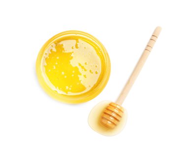 Beyaz arka planda tatlı bal kavanozu