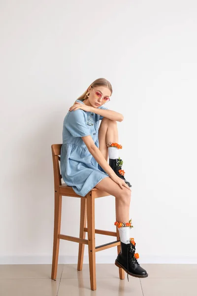 Beautiful Fashionable Woman Sitting Chair Light Wall — Stock Photo, Image