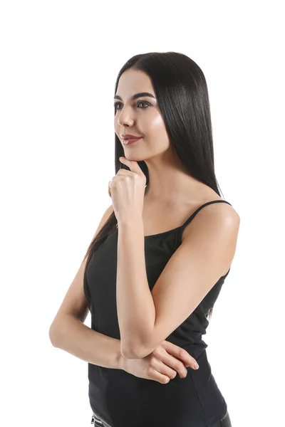 Junge Frau Mit Schönen Gesunden Haaren Auf Weißem Hintergrund — Stockfoto