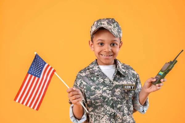 Little African American Soldier Usa Flag Walkie Talkie Color Background — Stock Photo, Image