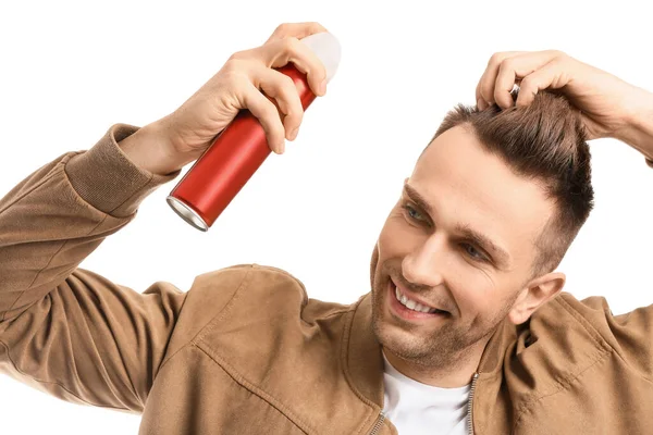 Handsome Young Man Hair Spray White Background — Stock Photo, Image