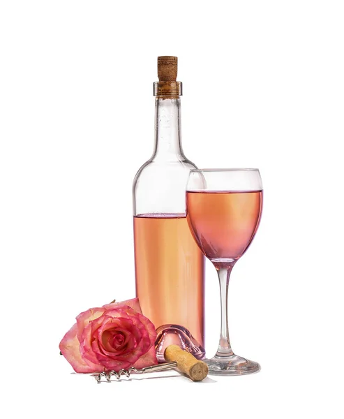 白底玫瑰花酒杯和酒瓶 — 图库照片