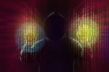 Koyu arkaplanda sanal ekran kullanan profesyonel hacker