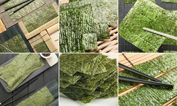 Collage Photos Tasty Seaweed Sheets — Stock Photo, Image