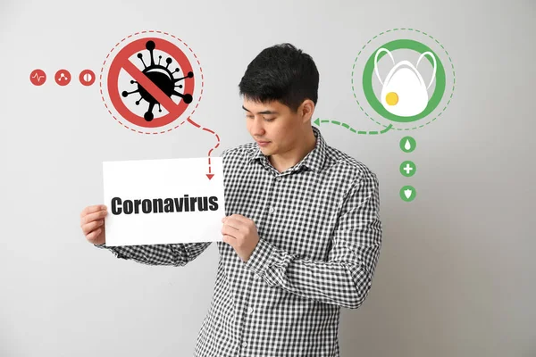 Asian Man Holding Paper Text Coronavirus Light Background Concept Epidemic — Stock Photo, Image