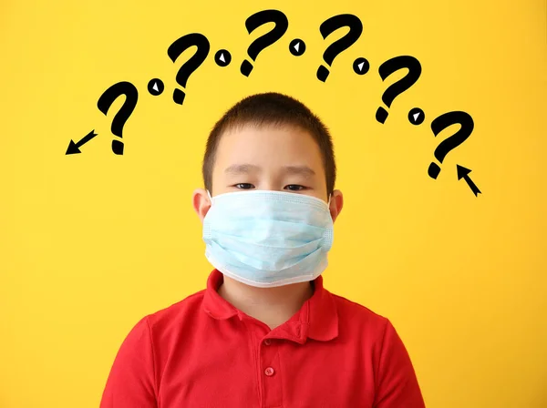 Asian Boy Protective Mask Color Background Concept Coronavirus Epidemic — Stock Photo, Image