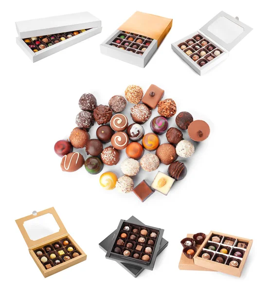 Collage Tasty Chocolate Candies White Background — Stock Photo, Image