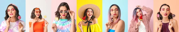 Collage Photos Beautiful Young Woman Holding Lollipops — Stock Photo, Image