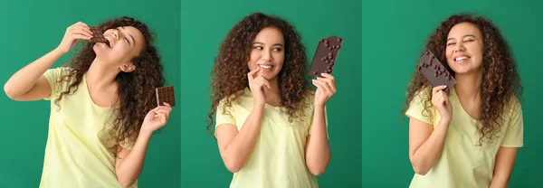 Набор Молодых Афро Американских Женщин Шоколадом Цветном Фоне — стоковое фото