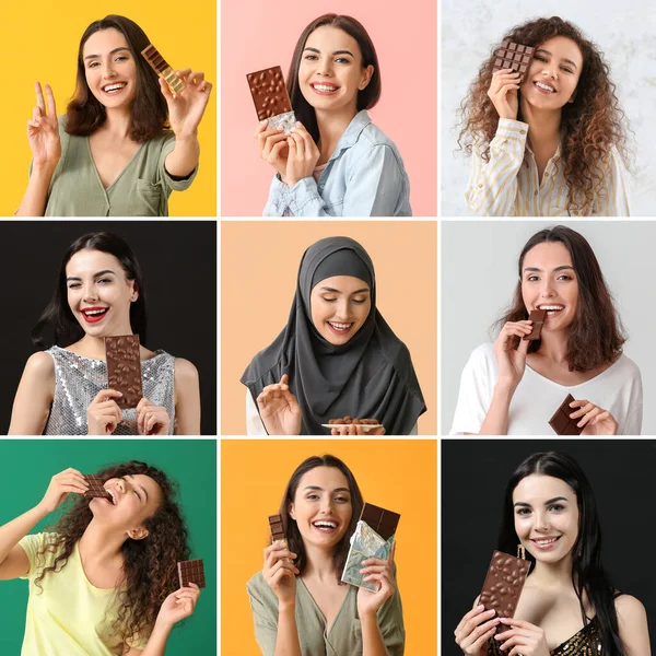 Collage Fotos Con Hermosas Mujeres Jóvenes Comiendo Chocolate —  Fotos de Stock