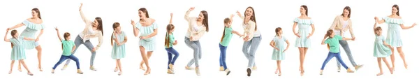 Collage Med Lycklig Mor Och Hennes Lilla Dotter Dansar Mot — Stockfoto