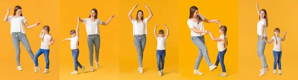 Колаж Щасливою Матір Маленькою Дочкою Танцює Кольоровому Фоні — стокове фото
