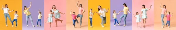 Collage Med Lycklig Mor Och Hennes Lilla Dotter Dansar Mot — Stockfoto