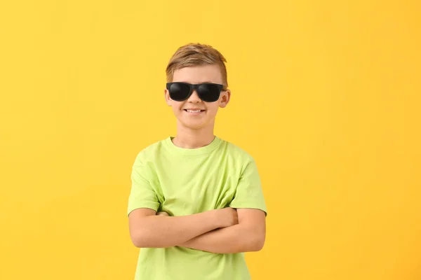 Cute Little Boy Sunglasses Color Background — Stock Photo, Image