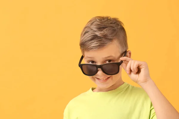 Cute Little Boy Sunglasses Color Background — 스톡 사진