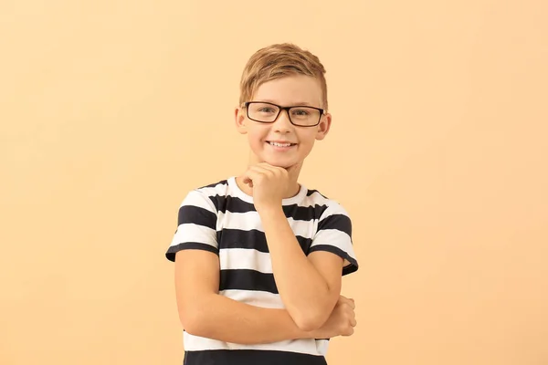 Cute Little Boy Eyeglasses Color Background — Stock Photo, Image