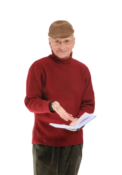 Πορτρέτο Του Ηλικιωμένου Άνδρα Ανάγνωση Του Βιβλίου Λευκό Φόντο — Φωτογραφία Αρχείου
