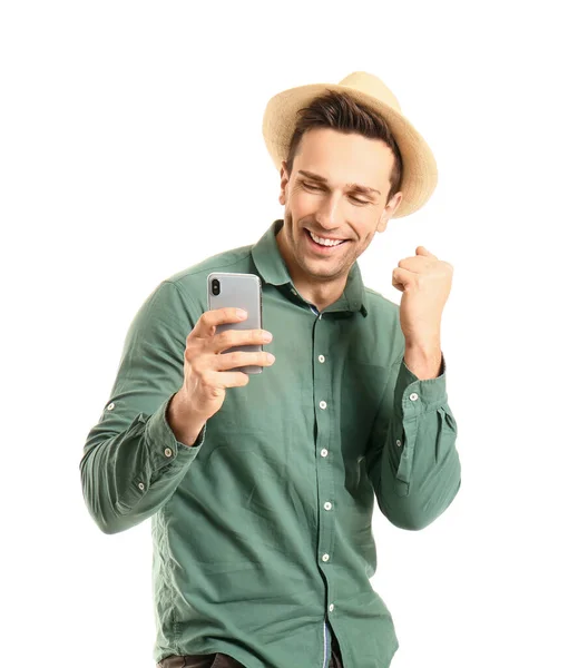 Jovem Legal Com Telefone Celular Dançando Contra Fundo Branco — Fotografia de Stock